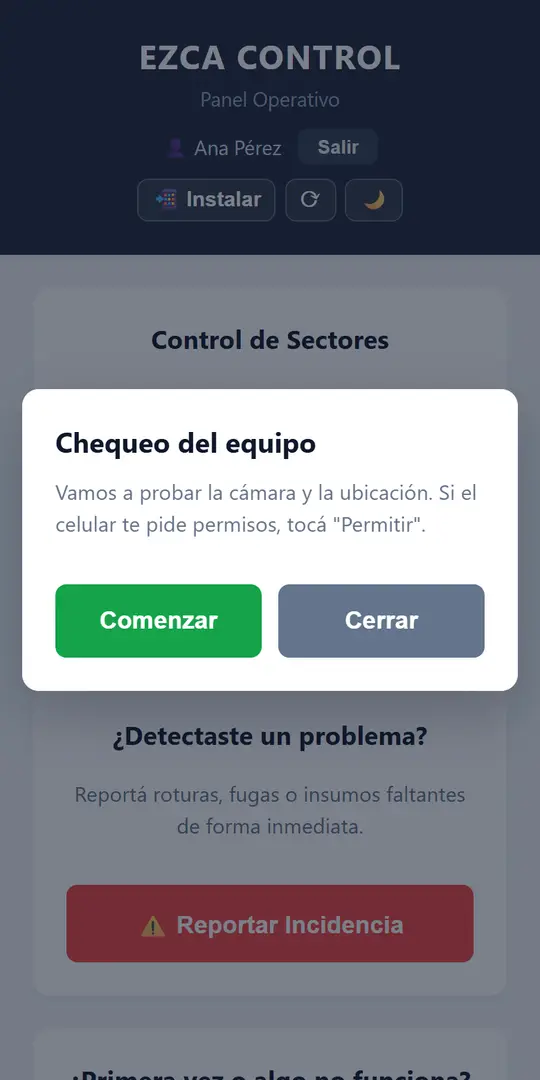 Chequeo del equipo: cámara, ubicación y conexión
