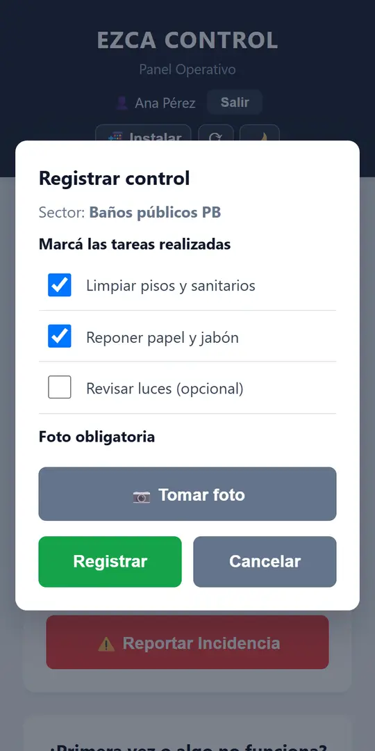 Ventana para marcar las tareas y tomar la foto