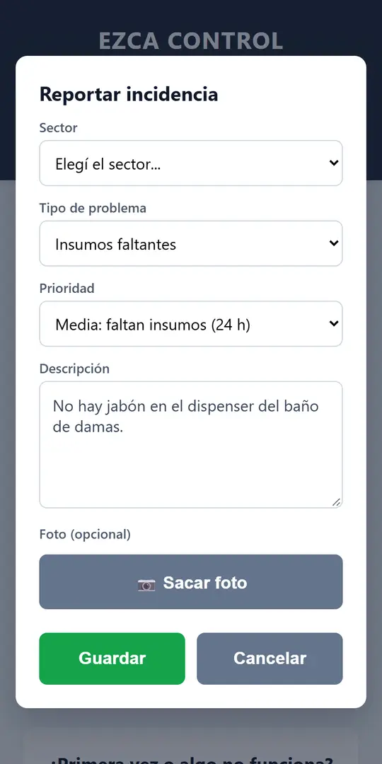 Ventana para reportar una incidencia